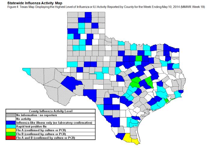 Texas and National Influenza and ILI Activity Map 2: Texas County Specific Influenza Activity, 19 Influenza activity level corresponds to current MMWR week only and does not reflect previous weeks'