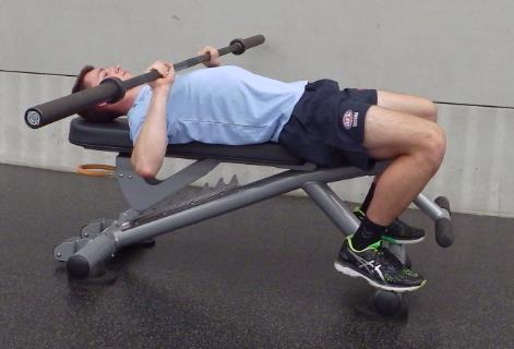 Page 13 of 21 BENCH PRESS - Head, Shoulders & hips on the bench with the feet on the ground. Start with eyes starting under the bar.