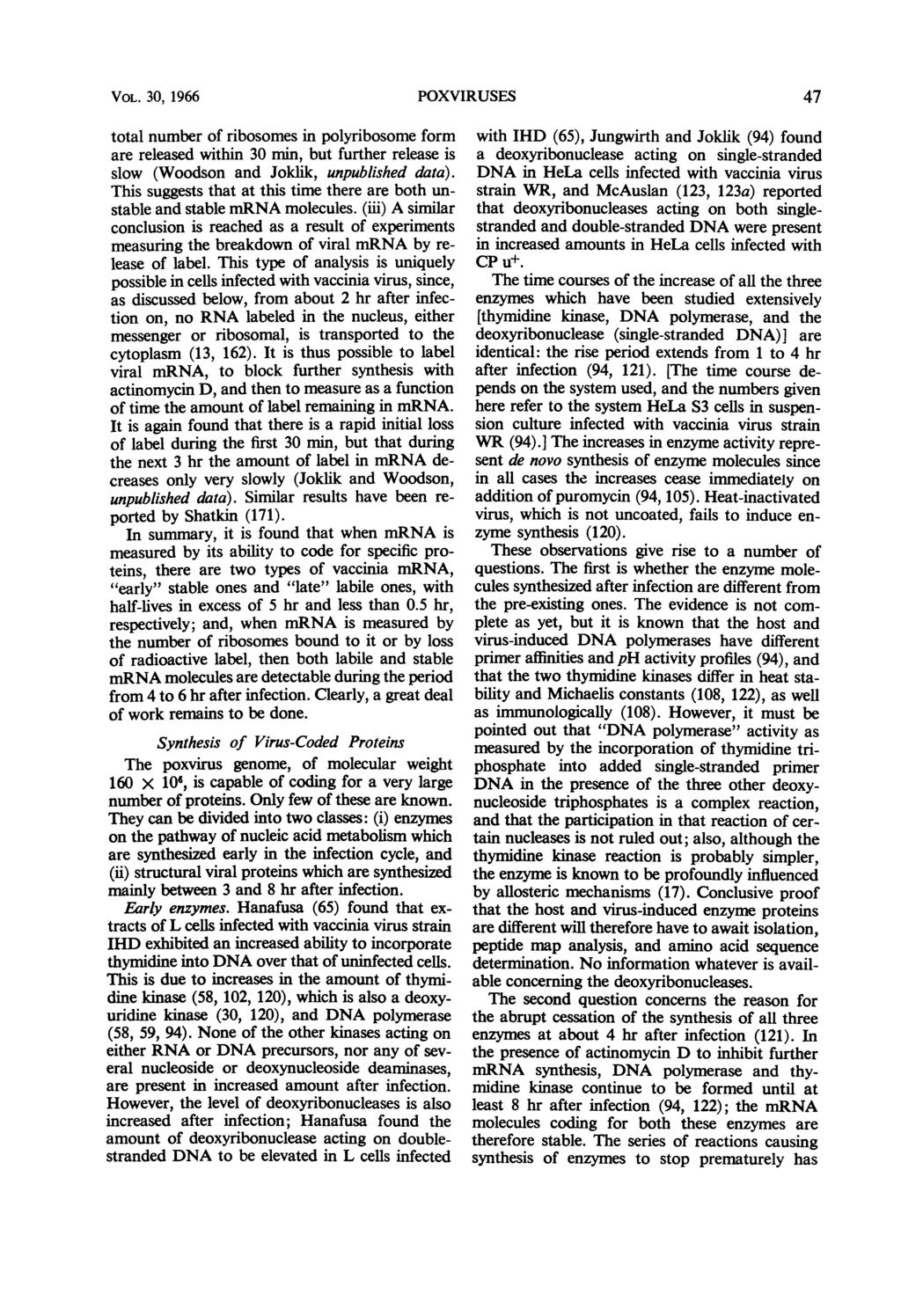 VOL. 30, 1966 POXVIRUSES 47 total number of ribosomes in polyribosome form are released within 30 min, but further release is slow (Woodson and Joklik, unpublished data).
