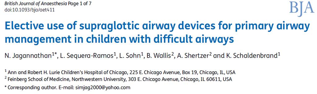Difficult airways In 96% of children with difficult airways: SGA was used successfully