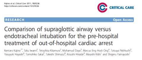 Out of hospital cardiac arrest: adults SGA vs ETT for out of hospital cardiac arrest Primary outcome measure: one-month survival with neurologically favorable outcome There was no
