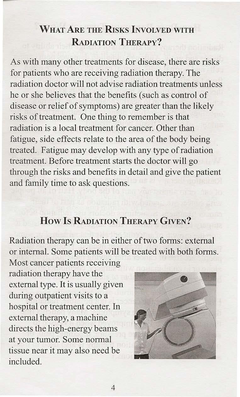 WHAT ARE THE RISKS INVOLVED WITH RADIATION THERAPY? As with many other treatments for disease, there are risks for patients who are receiving radiation therapy.