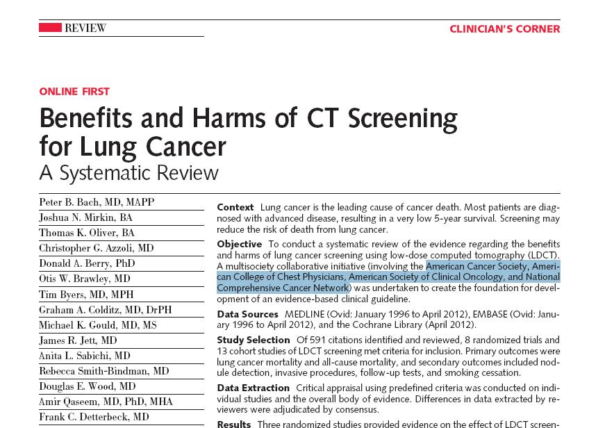 Lung Cancer Screening Guidelines May 20, 2012 in JAMA US Preventative Services Task Force American Society of Clinical Oncology American College of Chest Physicians American Cancer Society (interim