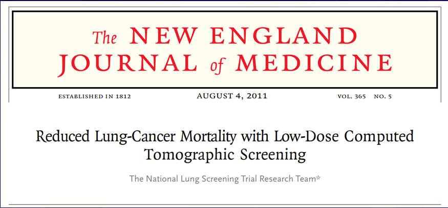 I-ELCAP Study in NEJM 2006 Survival and Stage Single arm observational study of 31,567 current or former smokers with LDCT 1993-2005 Screening resulted in diagnosis of Lung Cancer in 484 subjects 412