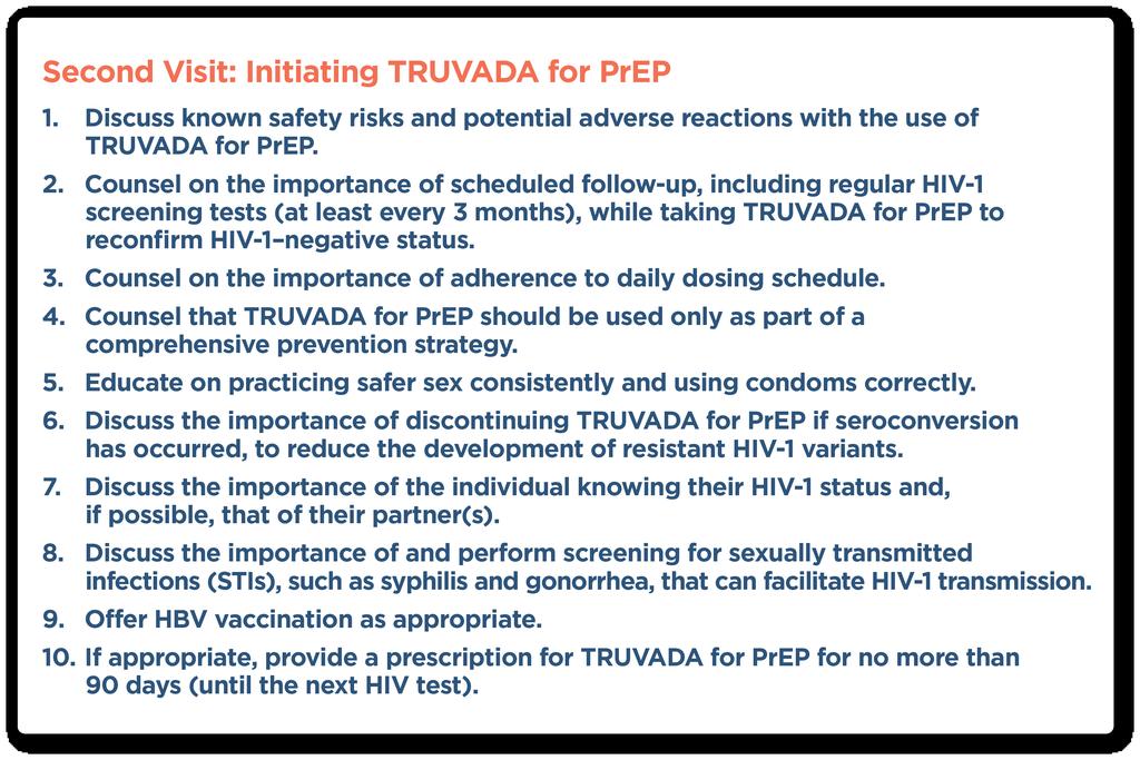 Second Visit: Initiation What counseling should Clayton receive prior to his provider prescribing TRUVADA for PrEP?