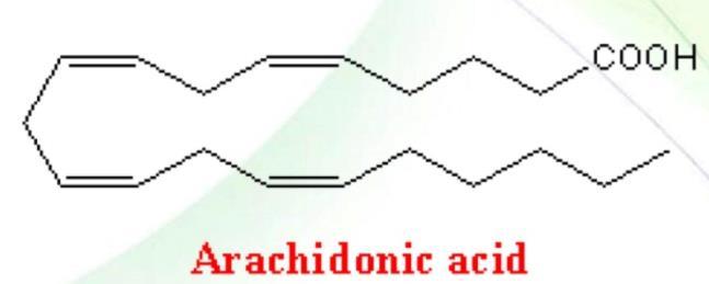 all cis-δ^5, Δ^8, Δ^11, Δ^14 -eicosatetraenoate, CH3 (CH2 )4 (CH=CHCH2 )4 (CH2 )2COOthe most important one in our bodies is Arachidonic acid (20 carbons, 4 double bonds).