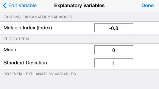 Melanin Index will move from the Potential Explanatory Variables to Existing Explanatory Variables and an Error Term will appear. Enter -0.8 as the coefficient for Melanin Index.