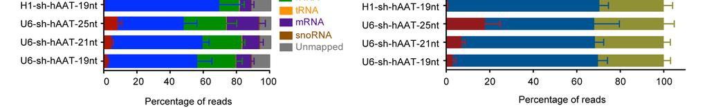 (b) Serum haat levels for raavs expressing all combined U6-sh-hAAT-shRNAs or H1-sh-hAAT-shRNAs compared to controls (n = 9 mice per treatment except for controls where n = 3). Data are mean ± s.e.m. (c) Serum alanine transaminase (ALT) levels for each shrna construct.