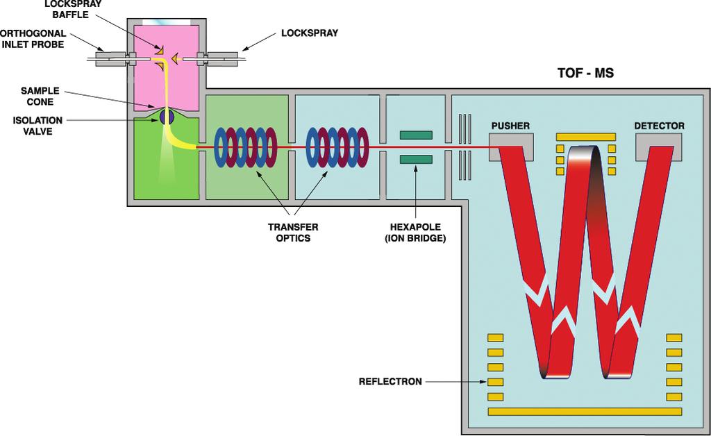 Figure 2. Oa-TOF schematic (W mode > 10000 FWHM). Column temperature: 35 o C Flow: 1 ml/min - split 1:4. Mobile phase: A: H 2 0 (0.