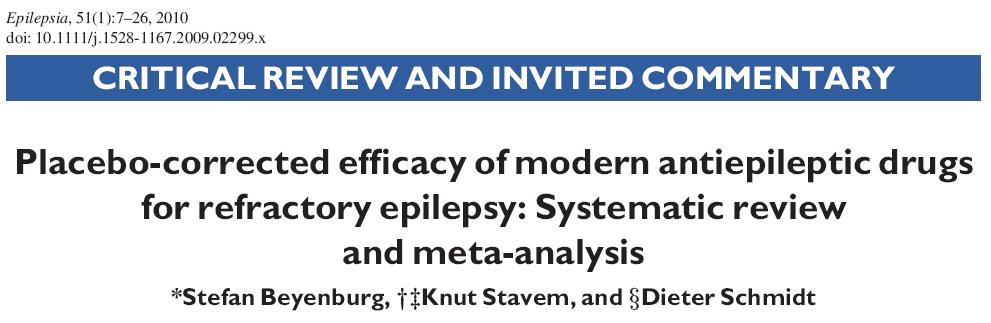 Systematic review and meta-analysis of the the placebo-corrected net efficacy of adjunctive treatment with modern AEDs for refractory epilepsy.
