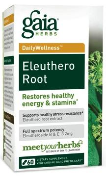 Made from ecologically harvested Eleuthero Root, Gaia Herbs' Eleuthero Root Phyto- Caps contain a highly concentrated extract providing a guaranteed 3.2 mg of ac<ve Eleutherosides B and E per serving.