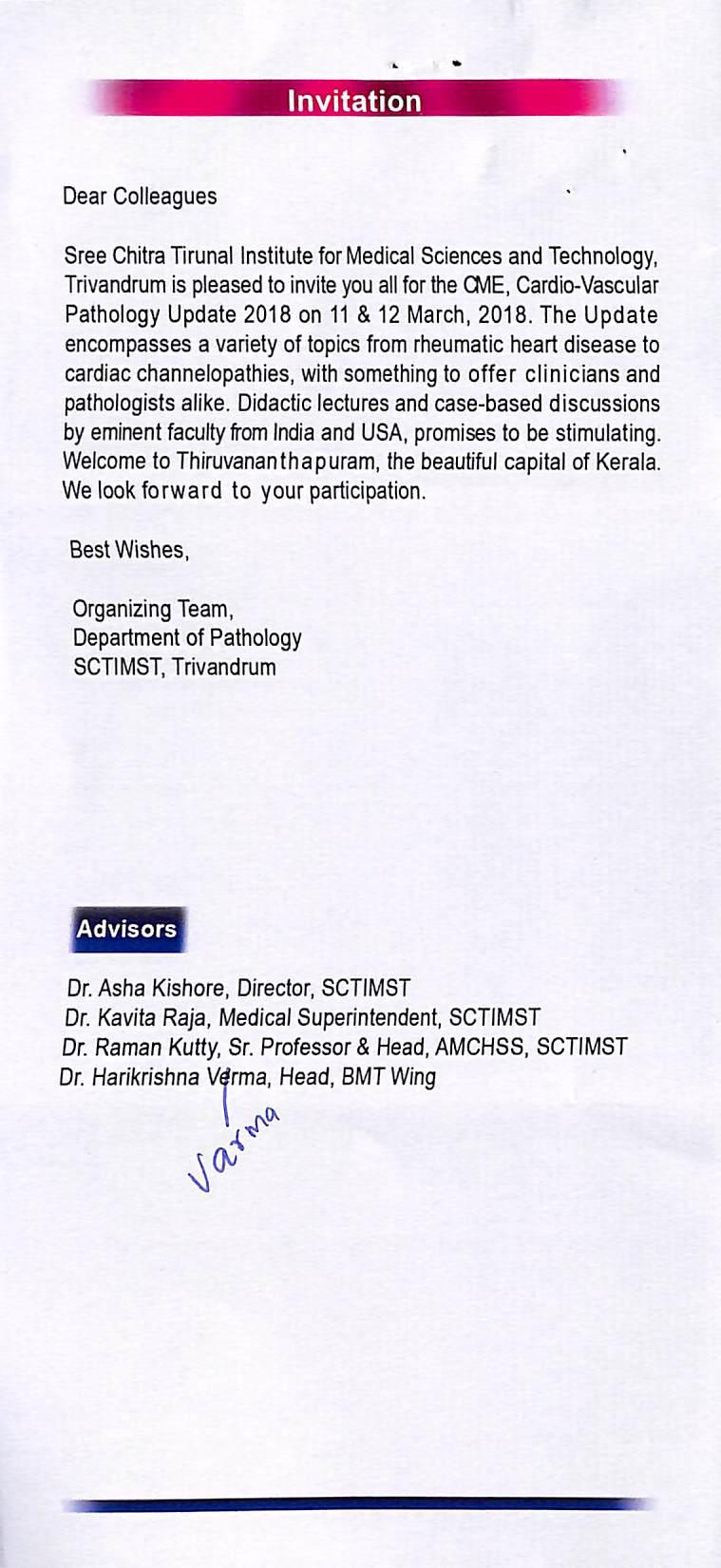Invitation Dear Colleagues Sree Chitra Tirunal Institute for Medical Sciences and Technology, Trivandrum is pleased to invite you all for the CME.