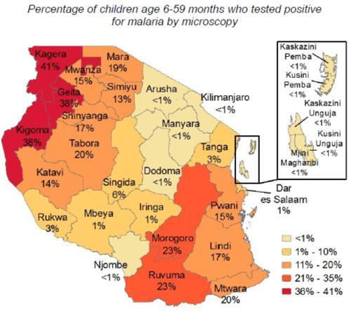 Picture 2.(32) Showing malaria prevalence by districts of mainland Tanzania, in children age 6-59 months, confirmed cases.