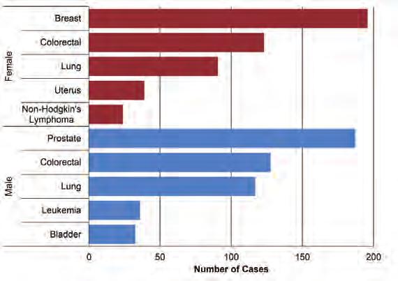 Sun Country Regional Health Authority Cancer Incidence Figure 24 shows the top five invasive cancer sites by sex for Sun Country among females and males for the period 2010-2014.