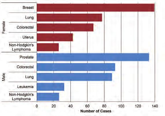 Heartland Regional Health Authority Cancer Incidence Figure 66 shows the top five invasive cancer sites by sex for Heartland among females and males for the period 2010-2014.