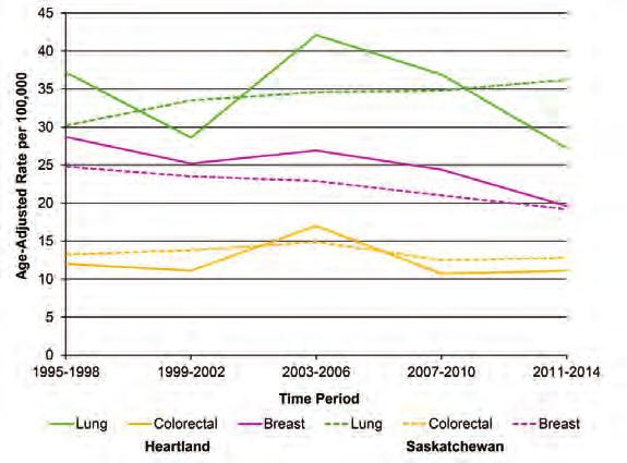 Figure 69: Top Five Cancer Causes of Death in Heartland by Sex, 2010-2014 The most common cancer death among females was lung cancer (54 deaths), accounting for 24 per cent of all cancer deaths in