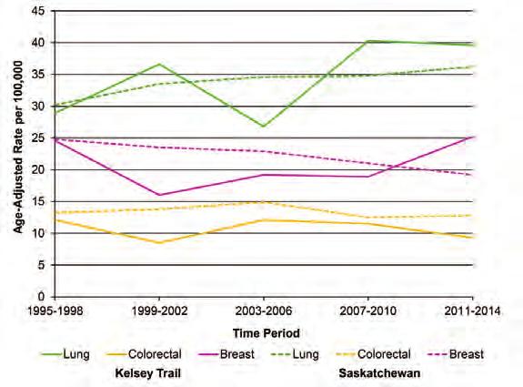 Kelsey Trail Regional Health Authority Cancer Mortality Figure 76 shows the top five cancer causes of death in Kelsey Trail among females and males for the period 2010-2014.