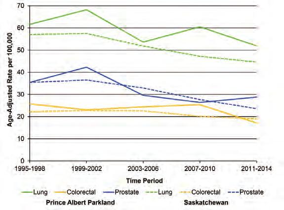 Figure 83: Top Five Cancer Causes of Death in Prince Albert Parkland by Sex, 2010-2014 The most common cancer death among females was lung cancer (118 deaths), accounting for 31 per cent of all