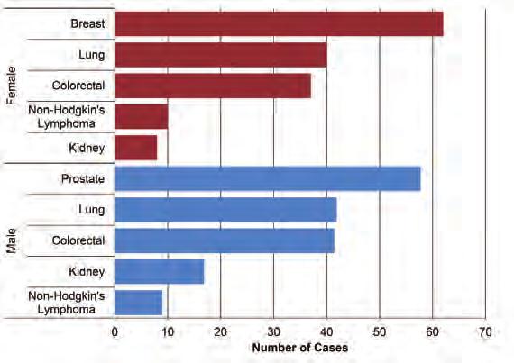 Northern Regions Cancer Incidence Figure 94 shows the top five invasive cancer sites by sex for the North among females and males for the period 2010-2014.