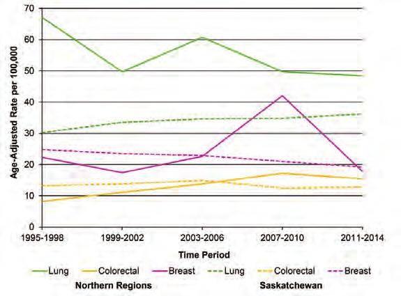 Northern Regions Cancer Mortality Figure 97 shows the leading causes of cancer deaths in the North among females and males for the period 2010-2014.