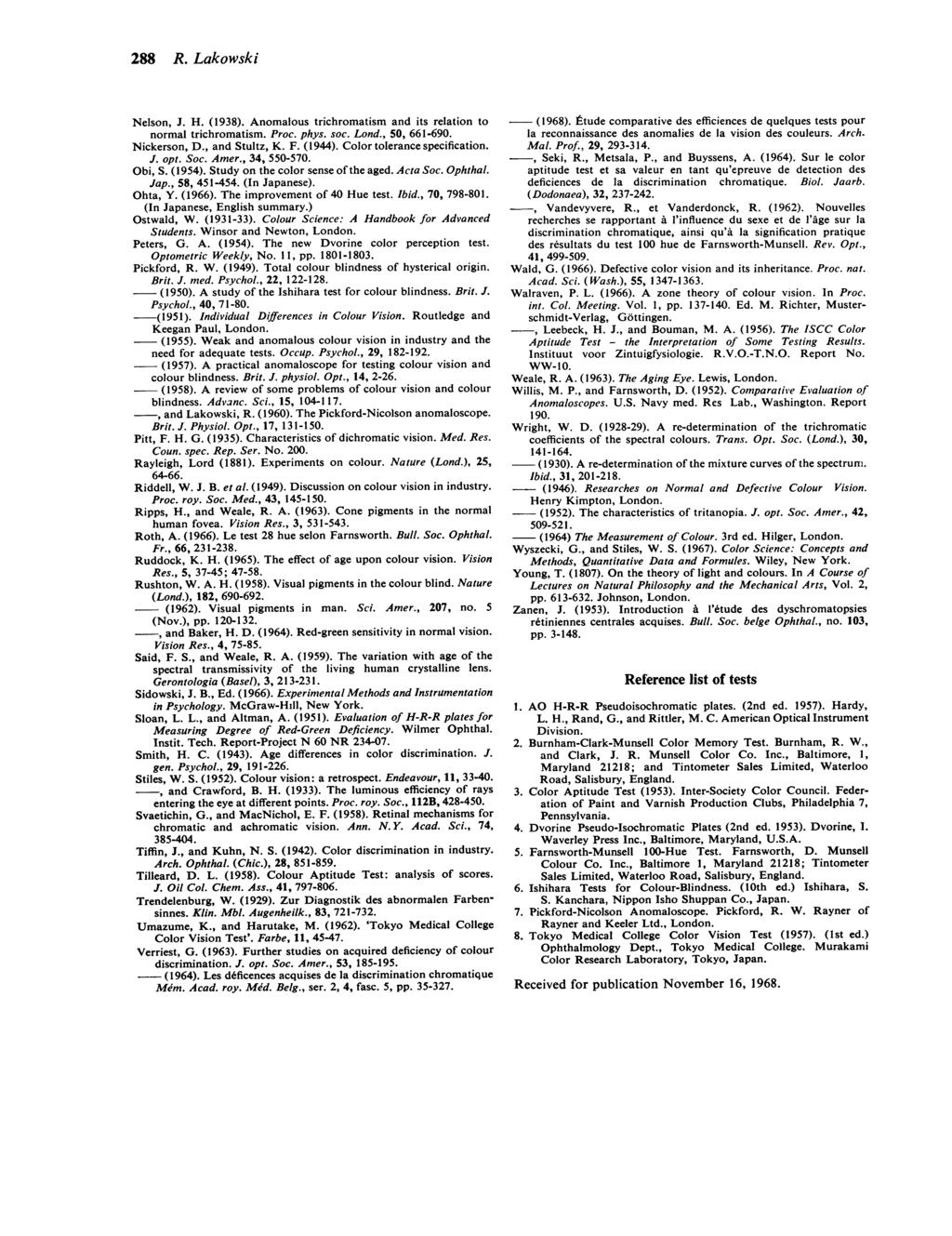 288 R. Lakowski Nelson, J. H. (1938). Anomalous trichromatism and its relation to normal trichromatism. Proc. phys. soc. Lond., 50, 661-690. Nickerson, D., and Stultz, K. F. (1944).