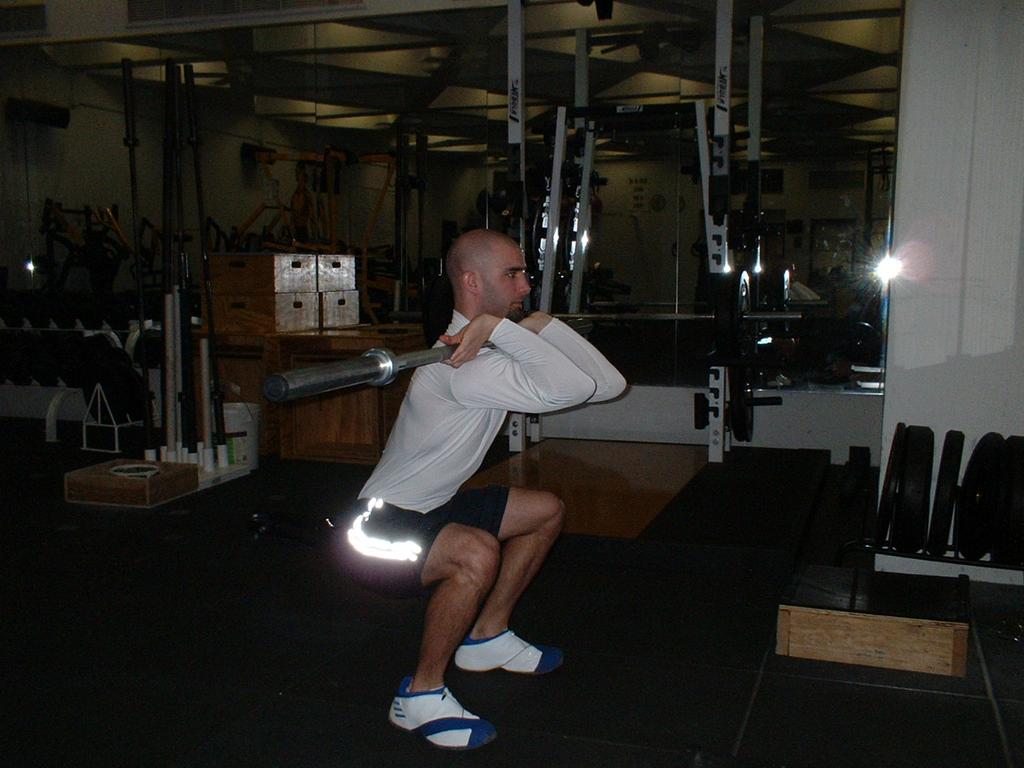 Front Squat The hands should be just outside your shoulders with elbows up and in. The chest should be up and the upper and lower back should be arched and tight.