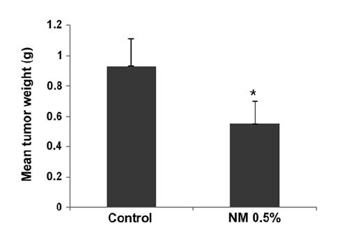 NM Supplementation Inhibited Growth of Cervical Tumors Mice fed a diet supplemented with 0.