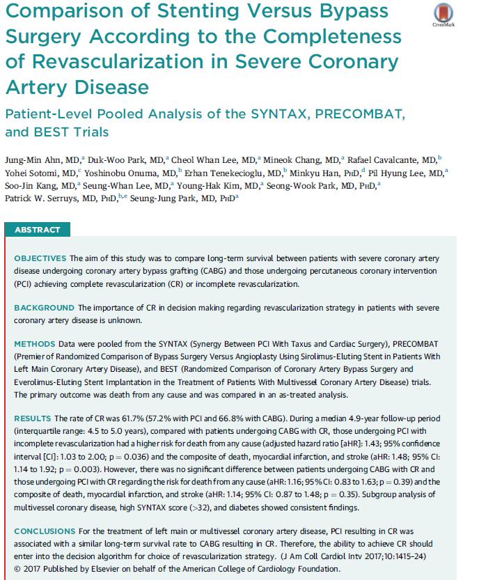 JACC Cardiovasc Interv. 2017 Jul 24;10(14):1415-1424. doi: 10.1016/j.jcin.2017.04.037. CLINICAL TRIALS PCI vs CABG for complete myocardial revascularization (CR).