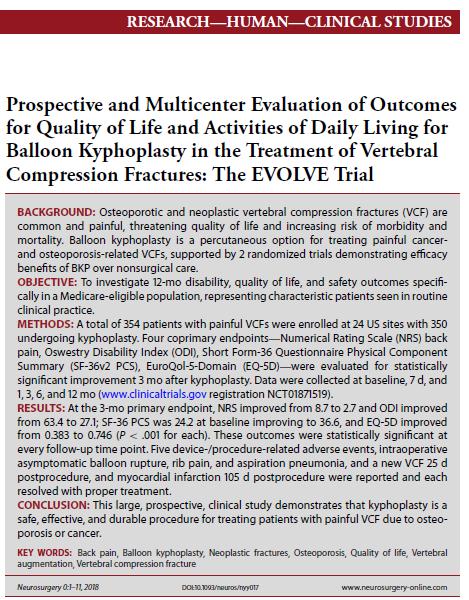 Prospective and Multicenter Evaluation of Outcomes for Quality of Life and Activities of Daily Living for BKP in Treatment of VCFs: EVOLVE Study 350 patients with painful VCFs enrolled and treated