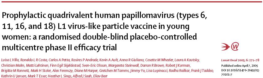 Phase II trial of Gardasil: 2005 Phase III trials of Gardasil Females United to Unilaterally Reduce Endo/Ectocervical Disease (FUTURE) Two, multi-centered, double-blind, placebo-controlled trial
