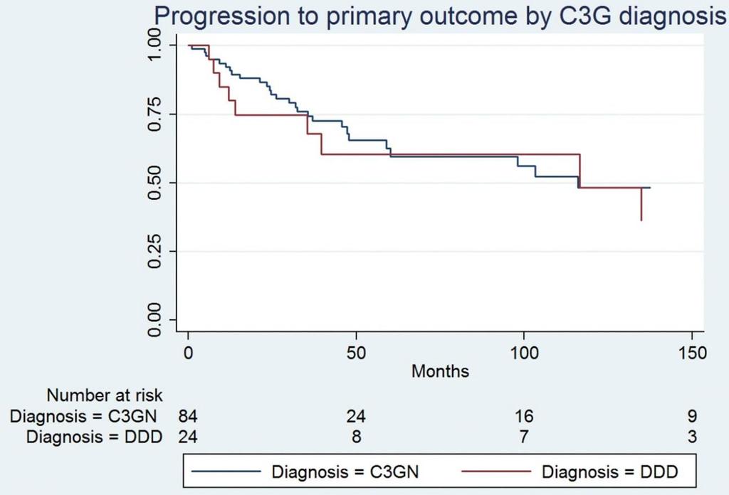 Over an average of 72 months of follow-up, remission occurred in 38% of patients with C3GN and 25% of patients with dense deposit