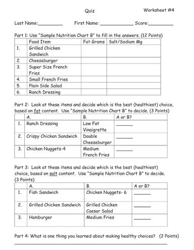 Assessment (30 min.) 30 1. Distribute Worksheet #4, "Quiz", to each student. 2. Pass out copies of Worksheet #5, "Sample Nutrition Chart B" to each student.