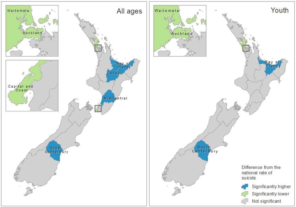 Geographical location Bay of Plenty, Lakes, MidCentral and South Canterbury DHB regions have significantly higher suicide rates than the national average.