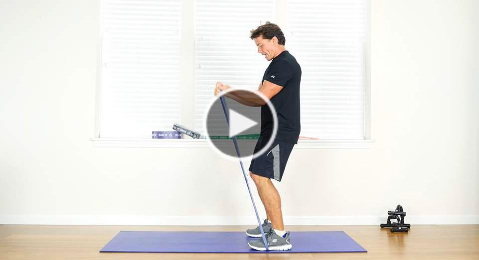 BICEP CURL PERFORM 3 SETS OF 10 REPS Stand with your feet flat on the floor and shoulder width apart. Firmly grasp your resistance band with both hands using an underhand grip.