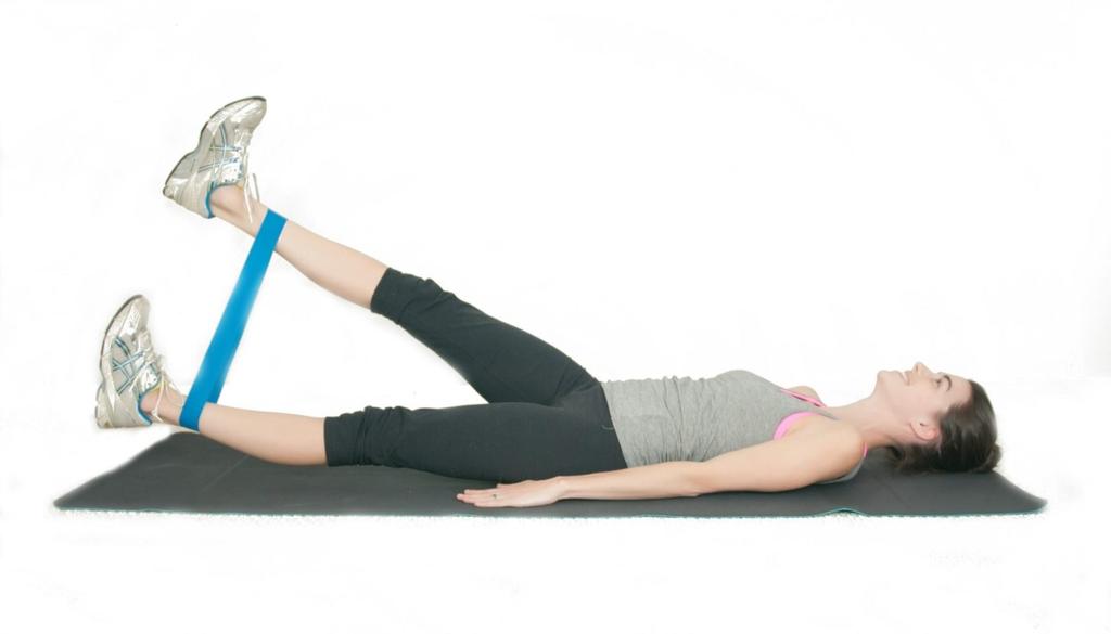 STRAIGHT LEG RAISES (INTERMEDIATE/ADVANCED) Step 1: Lie down on your back and place the resistance band around the lower legs, just above the ankles Step 2: Gently squeeze your lower abdominal