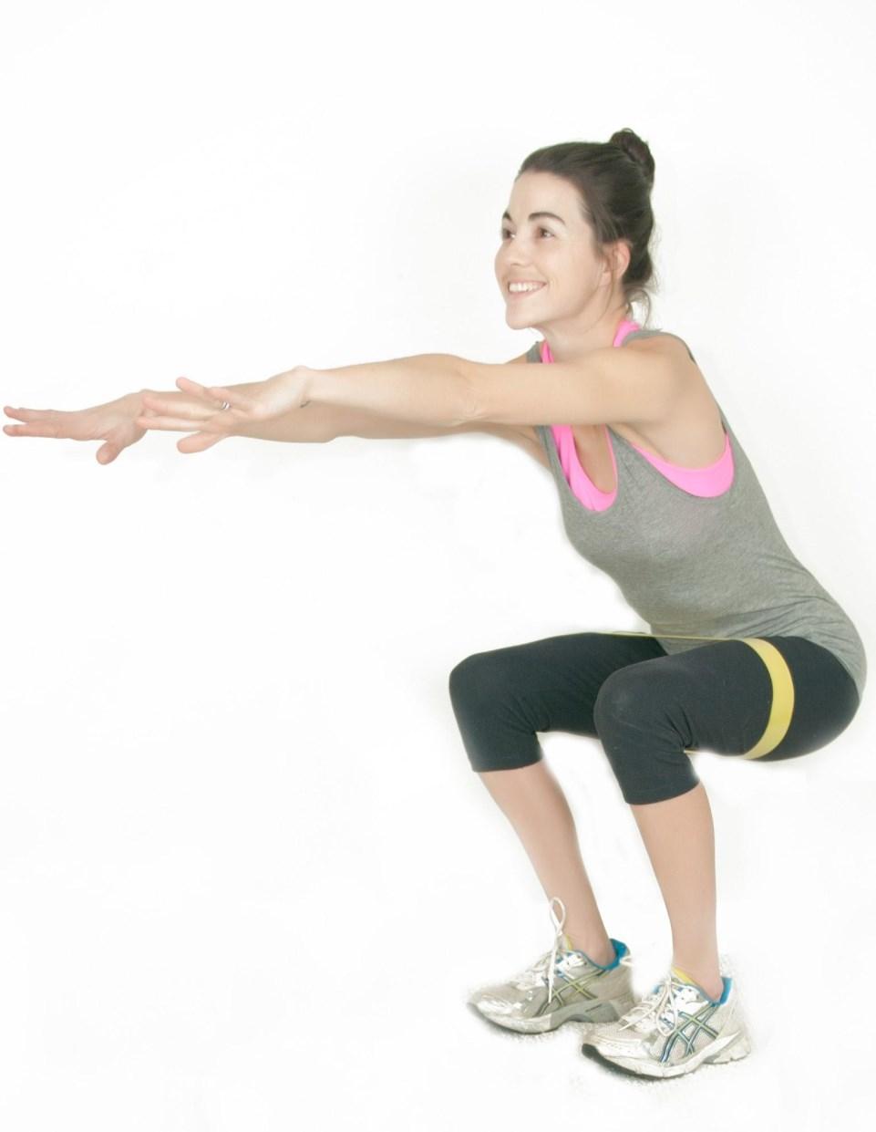 CLOSED CHAIN EXERCISES (IN STANDING) SQUAT (BEGINNER) Step 1: Place the resistance band around your thighs, just above your knees.