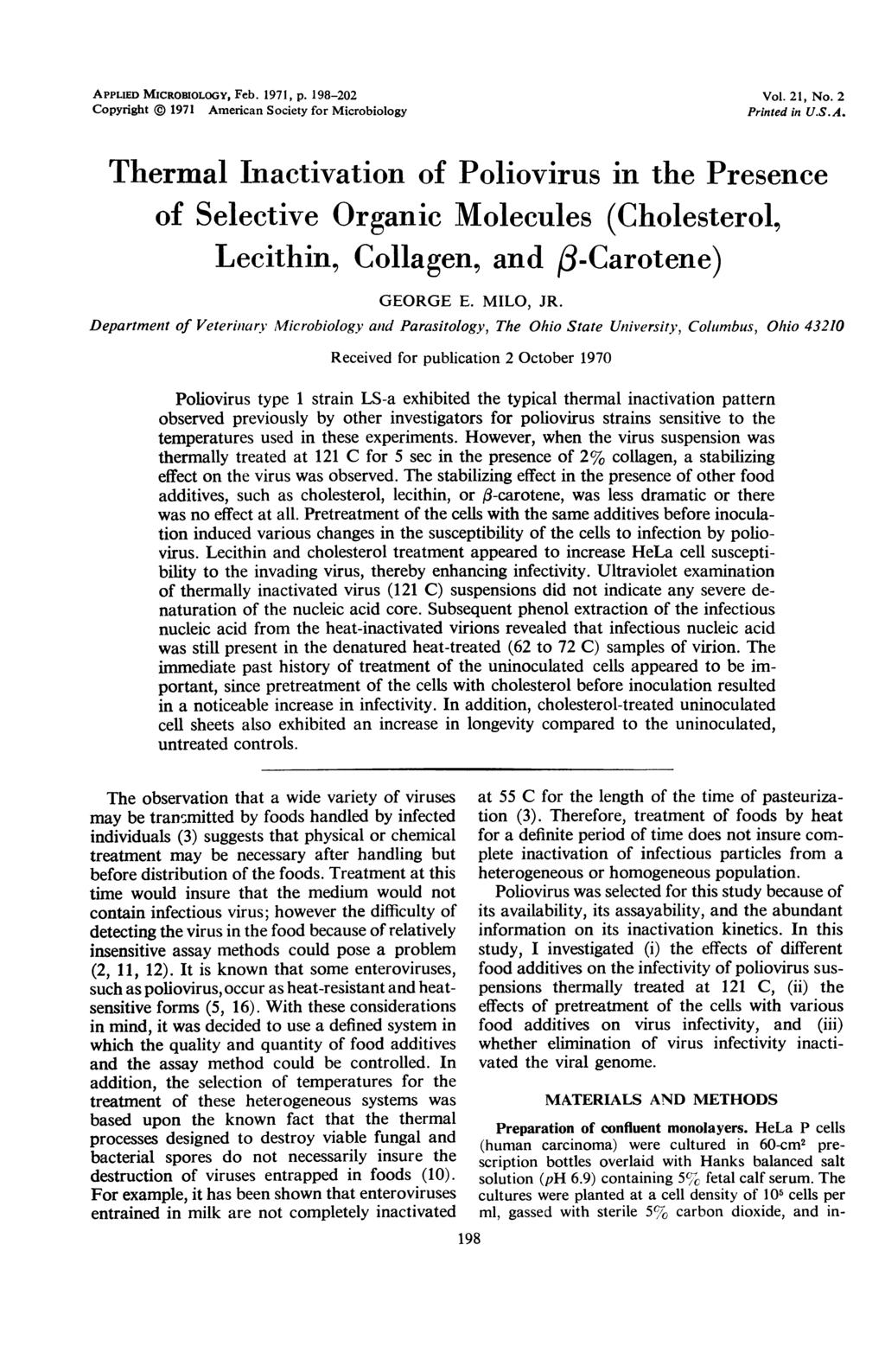 APPLIED MICROBIOLOGY, Feb. 1971, p. 198-22 Copyright @ 1971 Am