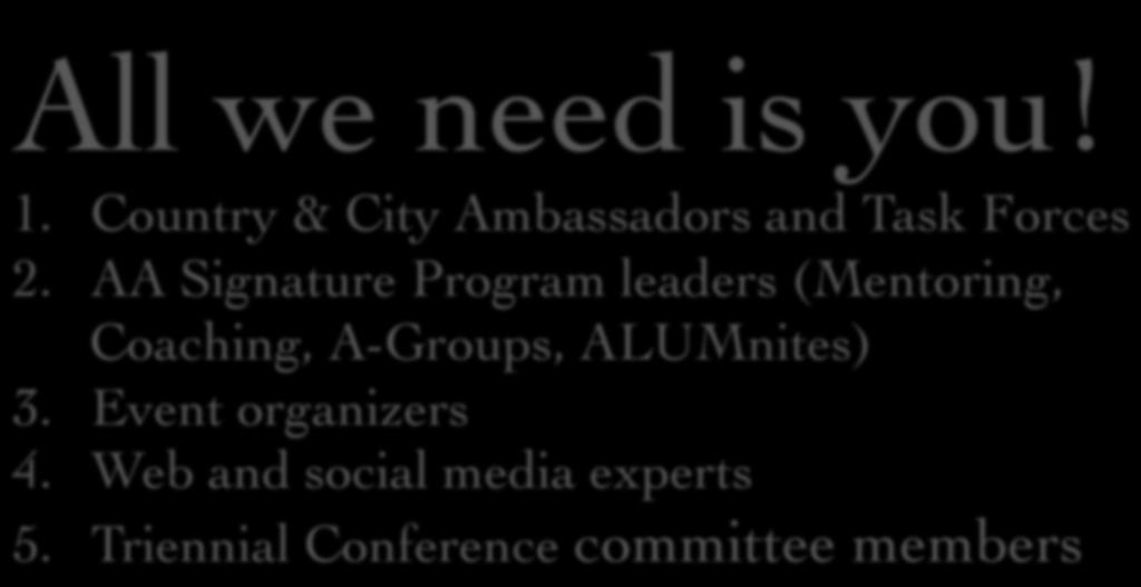 Maximizing our Leadership Impact All we need is you! 1. Country & City Ambassadors and Task Forces 2.