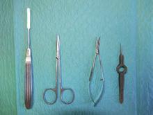 2 Dissecting scissors, fine, sharp point, angled, for skin resection in transcutaneous lower lid blepharoplasty. 5 