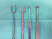 Periosteal elevator, Heidelberg model; 2 Stevens scissors; Westcott scissors; 4 octagonal grip forceps. All the instruments shown here are used in the lateral tarsal strip procedure.