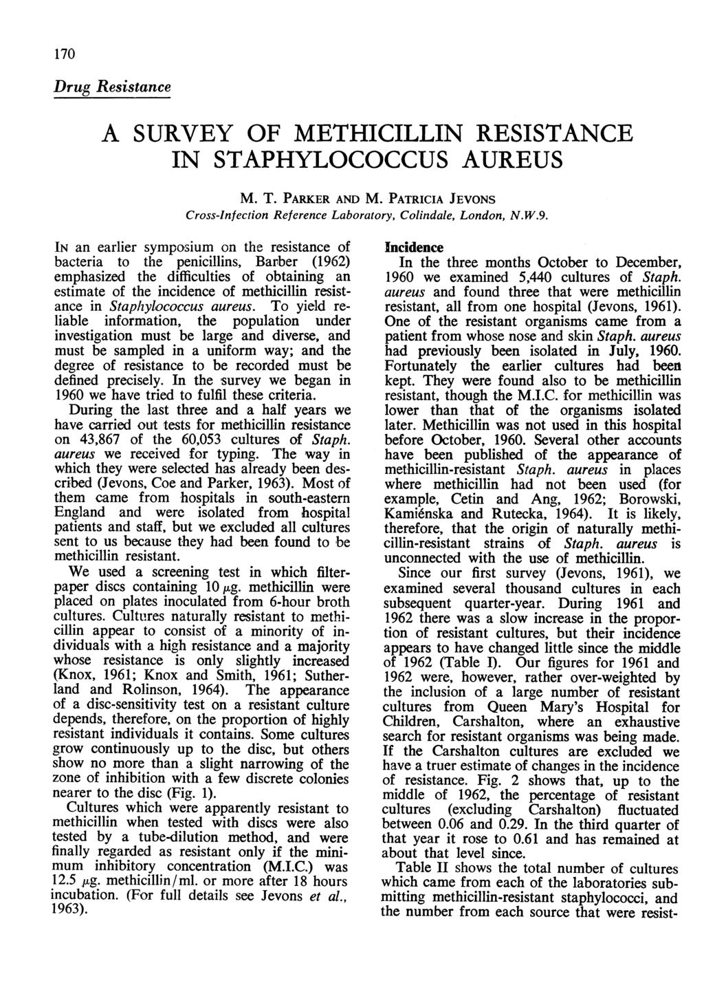 170 Drug Resistance A SURVEY OF METHICILLIN RESISTANCE IN STAPHYLOCOCCUS AUREUS M. T. PARKER AND M. PATRICIA JEVONS CrossInfection Reference Laboratory, Colindale, London, N.W.9.