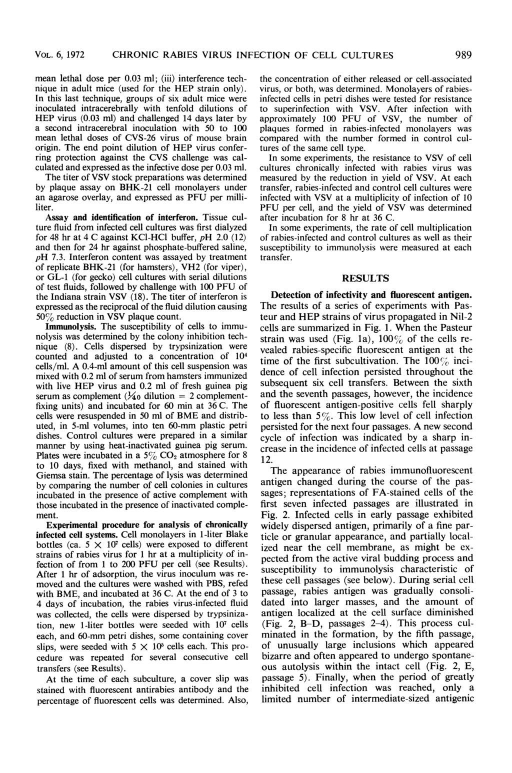 VOL. 6, 1972 CHRONIC RABIES VIRUS INFECTION OF CELL CULTURES 989 mean lethal dose per.3 ml; (iii) interference technique in adult mice (used for the HEP strain only).