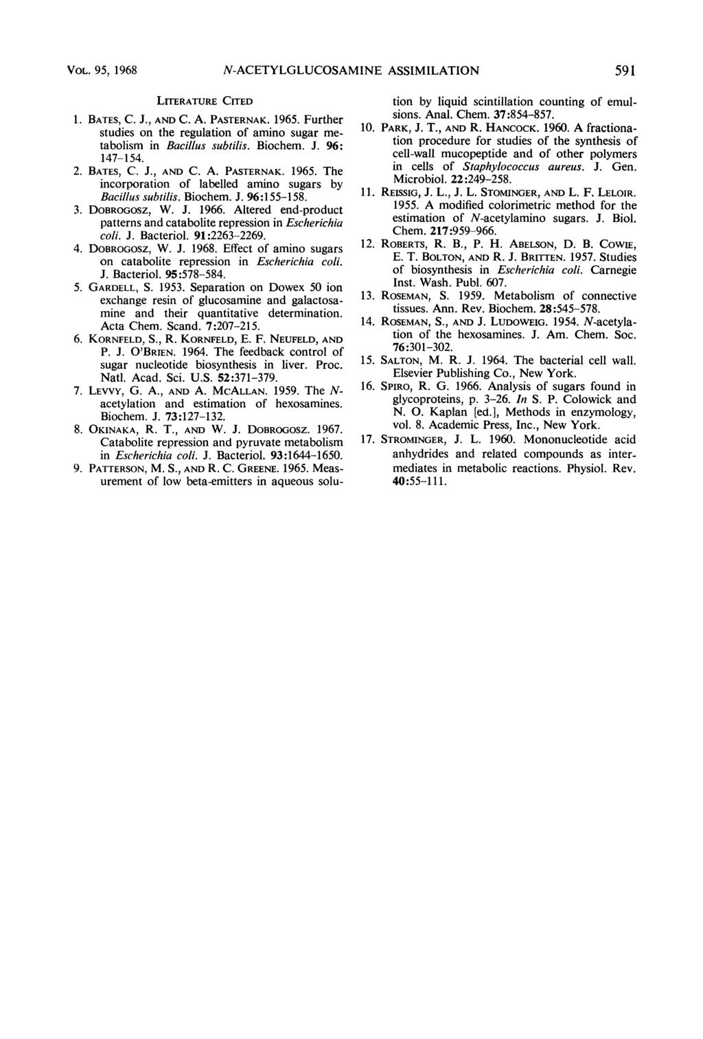 VOL. 95, 1968 N-ACETYLGLUCOSAMINE ASSIMILATION 591 LITERATURE CITED 1. BATES, C. J., AND C. A. PASTERNAK. 1965. Further studies on the regulation of amino sugar metabolism in Bacillus subtilis.
