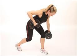 DUMBBELL ROW: BENT OVER STAGGERED STANCE Reps : 10x/arm Sets : 1-3 Intensity : Stand with feet in a staggered stance.
