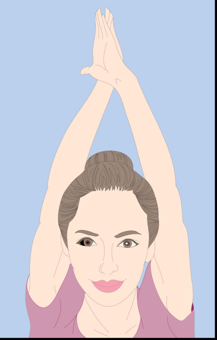 1. Have the back of your hands placed together and raise your arms up straight behind your ears.