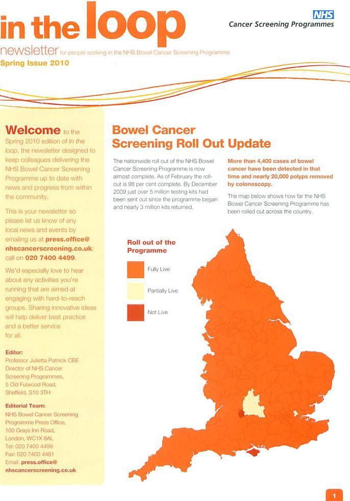 Bowel cancer screening in England universal screening (60-70) by FOB first introduced in 2006 full roll-out not until 2011 then age extension