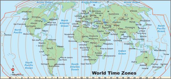 World Time Zones Using Time Zones On the map above, time is labeled along the bottom edge. Every time zone represents 1 hour.