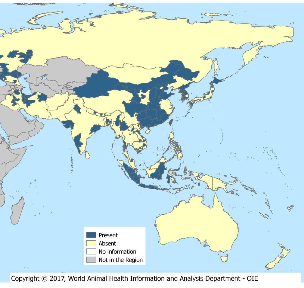 Distribution of HPAI in Asia, the Far East and