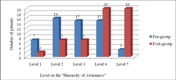Effectiveness Therapists' rating of the patients on the "Hierarchy of Awareness" pre- and post-group How much information