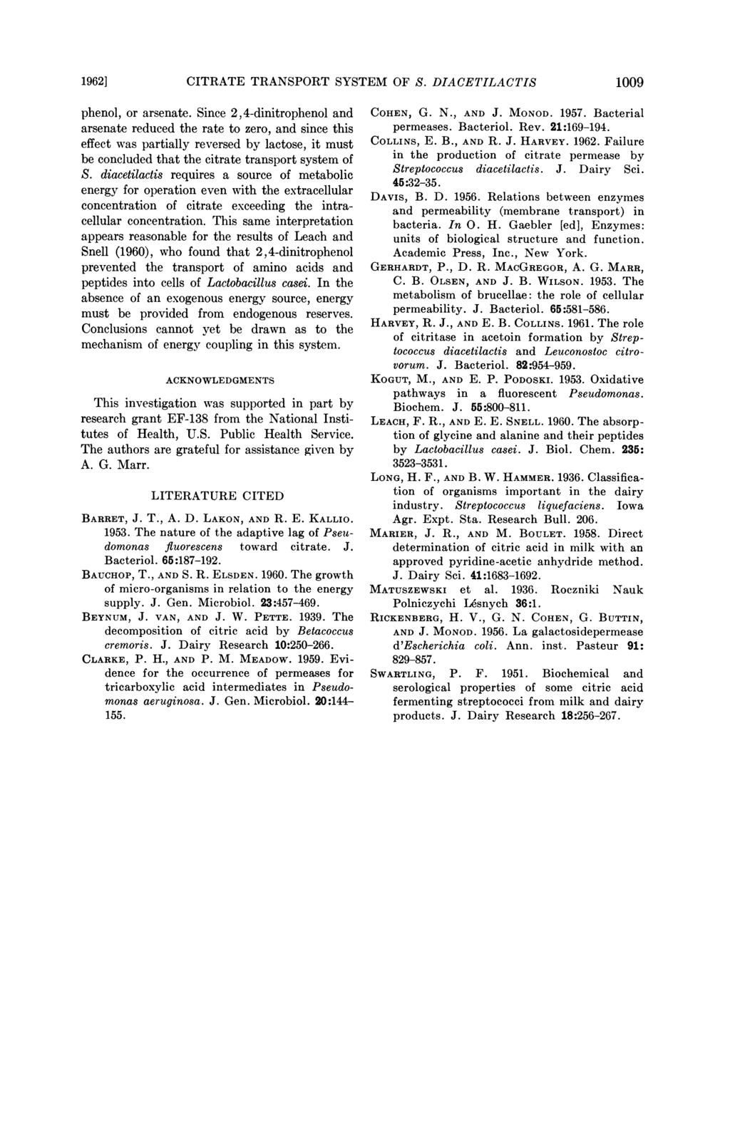 1962] CITRAT TRANSPORT SYSTM OF S. DIACTILACTIS 1009 phenol, or arsenate.